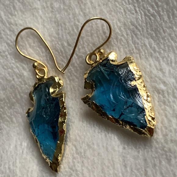 Arrowhead earrings clear blue textured jewel glass gold framed pierced new - Picture 10 of 12